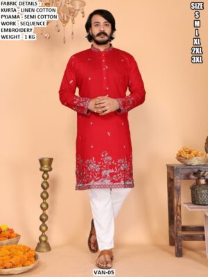 Men’s Linen Cotton Kurta Pajama Set With Sequence Embroidery
