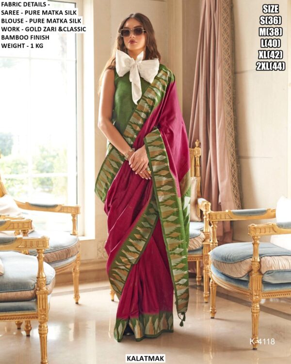 Premium Pure Matka Silk Saree With Gold Zari Work And Bamboo Finish