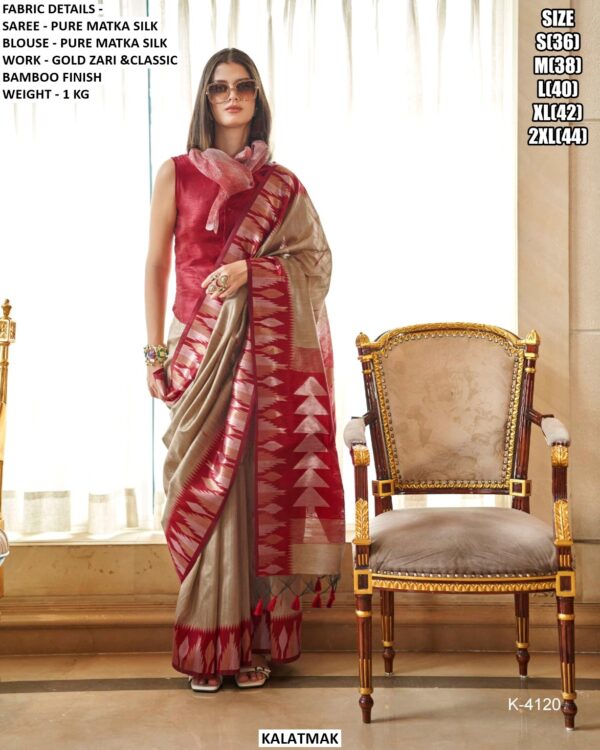 Premium Pure Matka Silk Saree With Gold Zari Work And Bamboo Finish