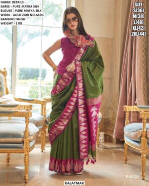 Premium Pure Matka Silk Saree With Gold Zari Work And Bamboo Finish