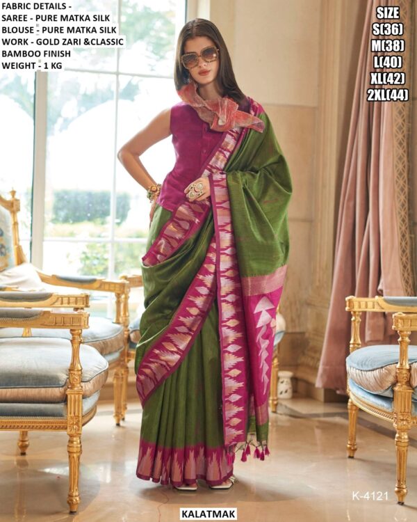 Premium Pure Matka Silk Saree With Gold Zari Work And Bamboo Finish