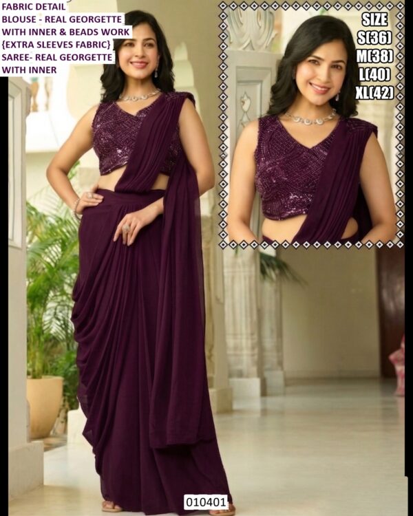 Real Georgette Saree With Beads Work Blouse For Ladies