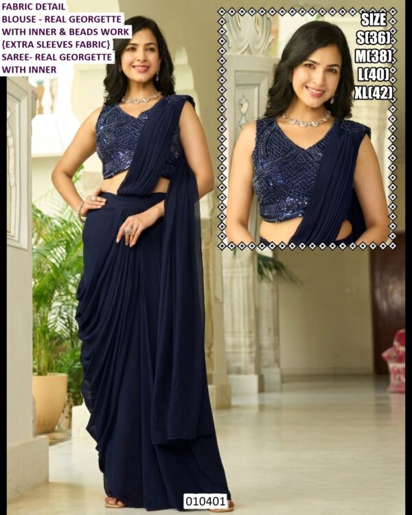 Real Georgette Saree With Beads Work Blouse For Ladies