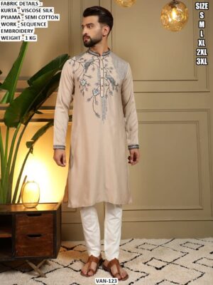 Men’s Viscose Silk Kurta Pajama With Sequence Embroidery
