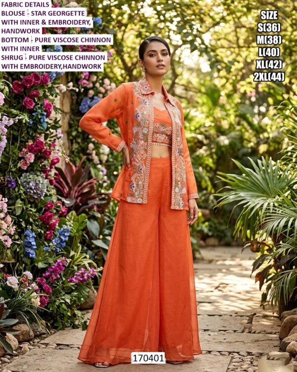 Women’s Designer Chinon Indo Western Set With Embroidered Shrug