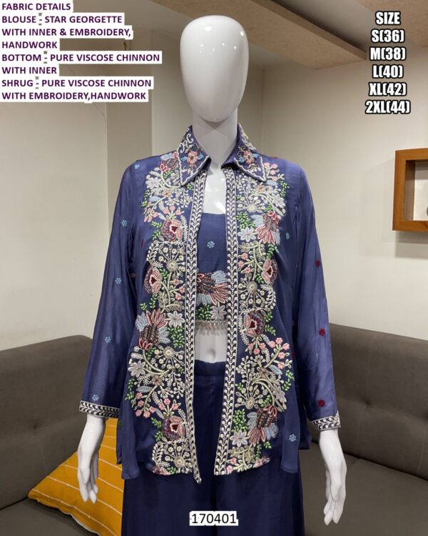 Women’s Designer Chinon Indo Western Set With Embroidered Shrug