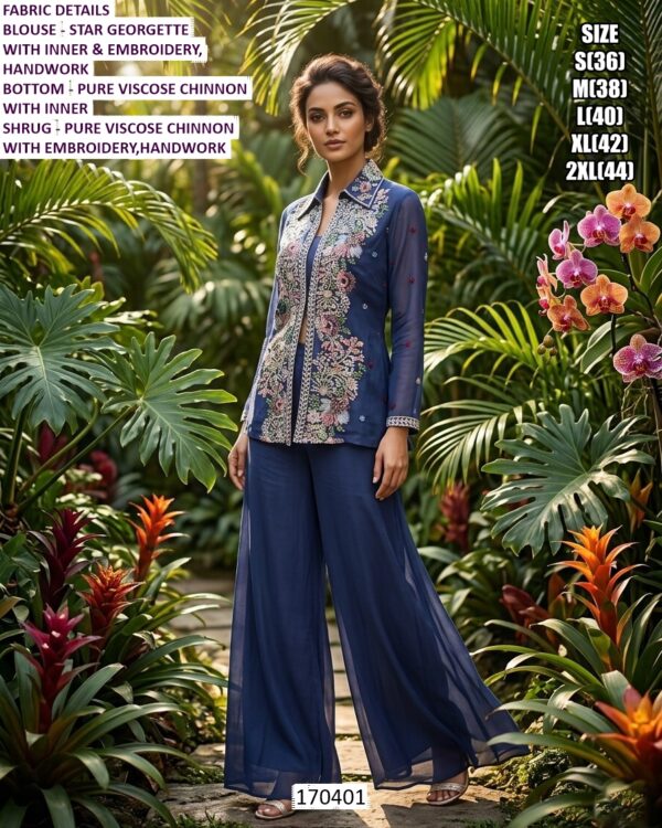 Women’s Designer Chinon Indo Western Set With Embroidered Shrug