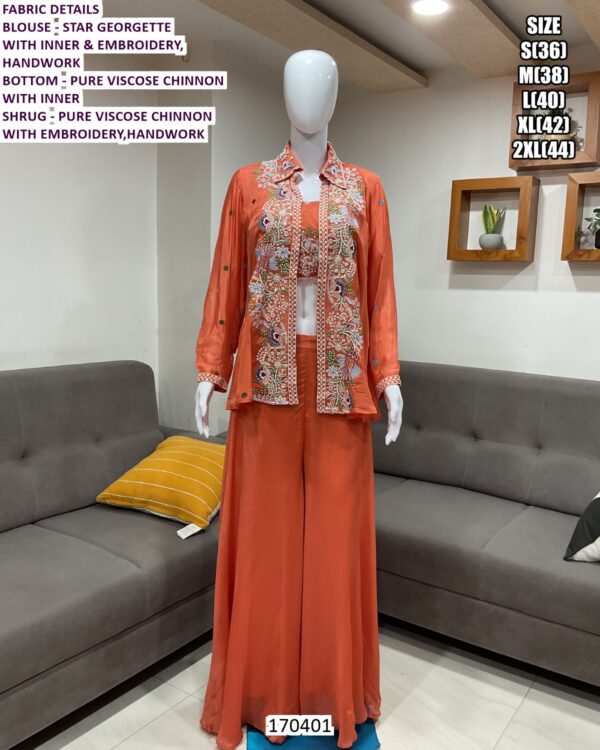 Women’s Designer Chinon Indo Western Set With Embroidered Shrug