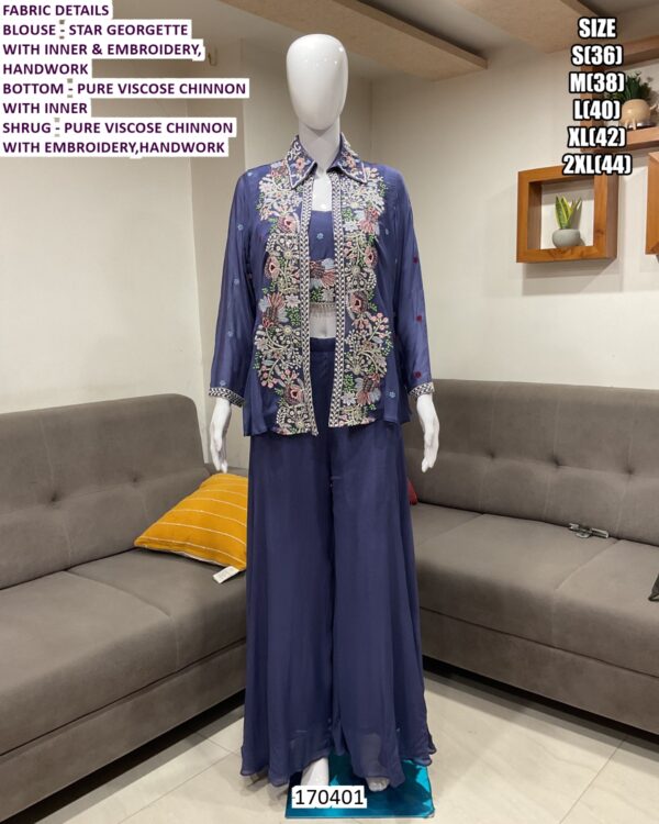 Women’s Designer Chinon Indo Western Set With Embroidered Shrug