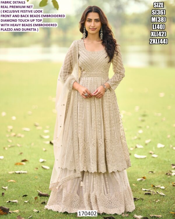 Premium Festive Net Suit Set With Heavy Beads Embroidery