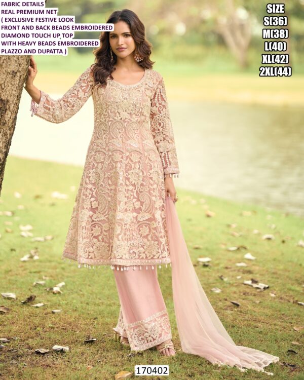 Premium Festive Net Suit Set With Heavy Beads Embroidery