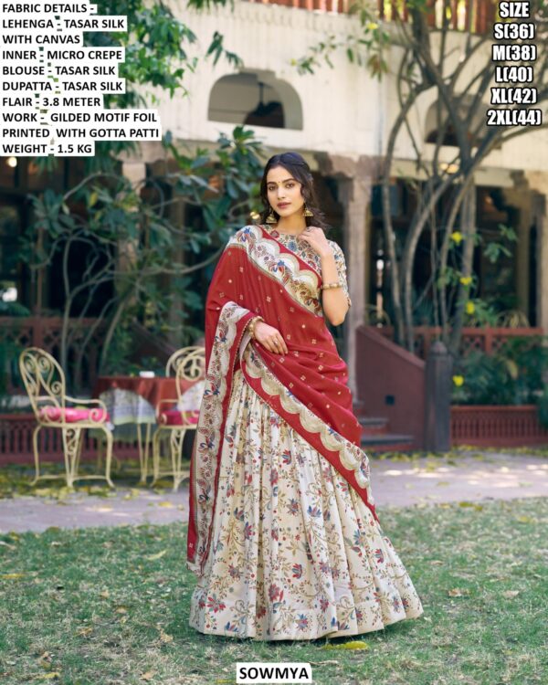 Premium Tasar Silk Lehenga Set With Foil Printed Work And Gotta Patti Finish