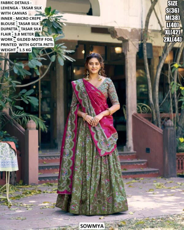 Premium Tasar Silk Lehenga Set With Foil Printed Work And Gotta Patti Finish