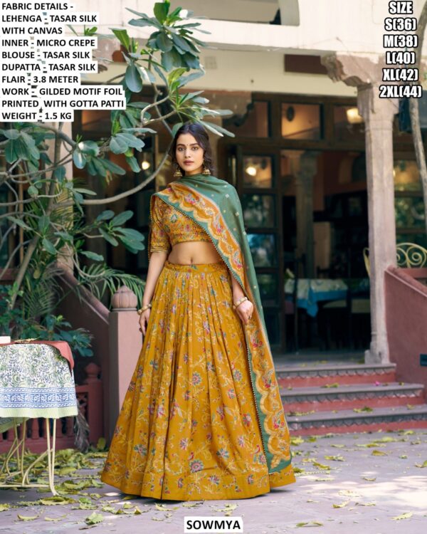 Premium Tasar Silk Lehenga Set With Foil Printed Work And Gotta Patti Finish