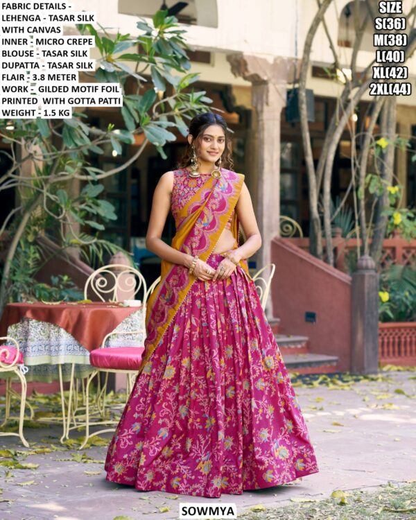 Premium Tasar Silk Lehenga Set With Foil Printed Work And Gotta Patti Finish