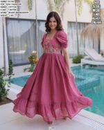 Premium Mal Chanderi Gown With Beads Embroidery Work