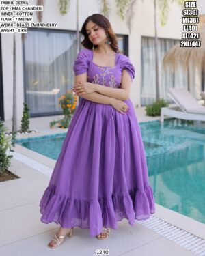 Premium Mal Chanderi Gown With Beads Embroidery Work