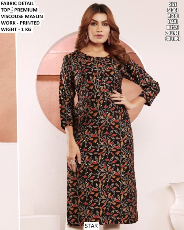 Elegent Viscouse Maslin Kurti With Printed Work