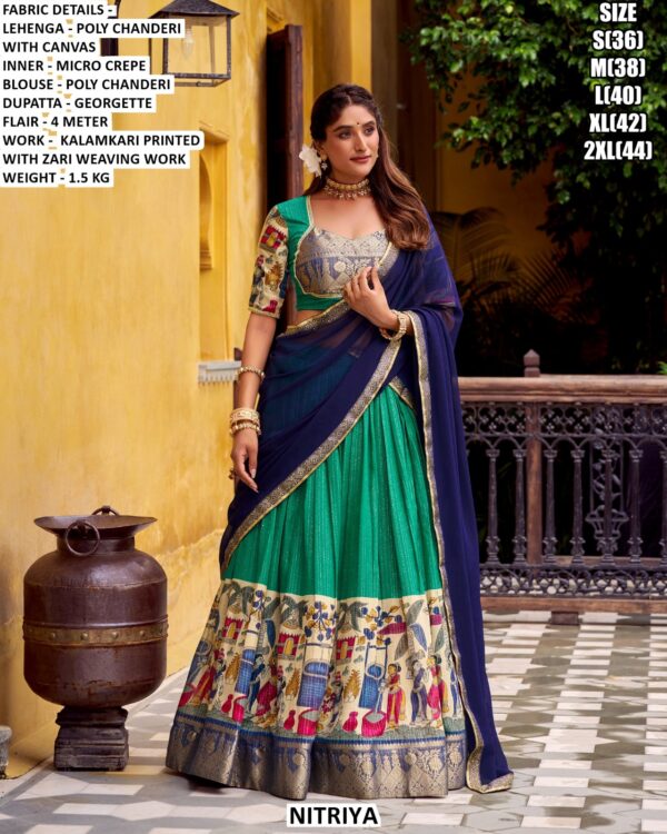 Women's Poly Chanderi Lehenga Set With Kalamkari Printed Design And Zari Weaving Work