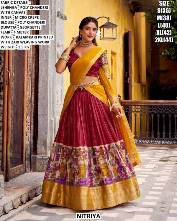 Women's Poly Chanderi Lehenga Set With Kalamkari Printed Design And Zari Weaving Work