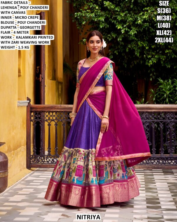 Women's Poly Chanderi Lehenga Set With Kalamkari Printed Design And Zari Weaving Work