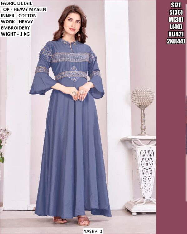 Premium Heavy Maslin Gown With Heavy Embroidery Work