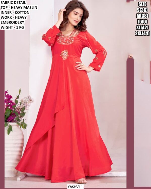 Premium Heavy Maslin Gown With Heavy Embroidery Work