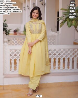 Elegant Mal Chanderi Suit Set With Beads Embroidery
