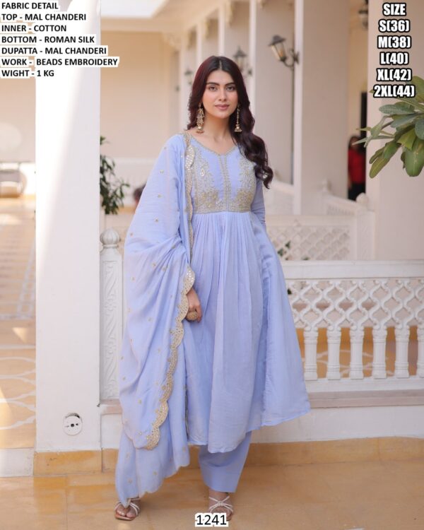 Elegant Mal Chanderi Suit Set With Beads Embroidery