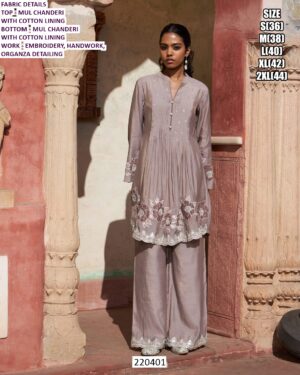 Premium Mul Chanderi Suit Set With Embroidery And Handwork