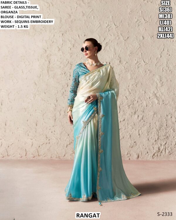 Beautiful Glass Tissue Organza Saree With Sequins Embroidery Work