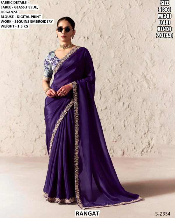 Beautiful Glass Tissue Organza Saree With Sequins Embroidery Work