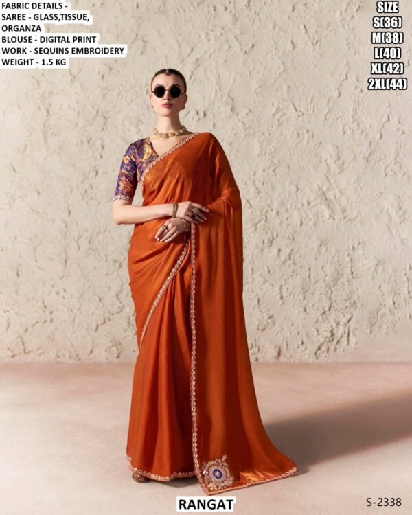 Beautiful Glass Tissue Organza Saree With Sequins Embroidery Work