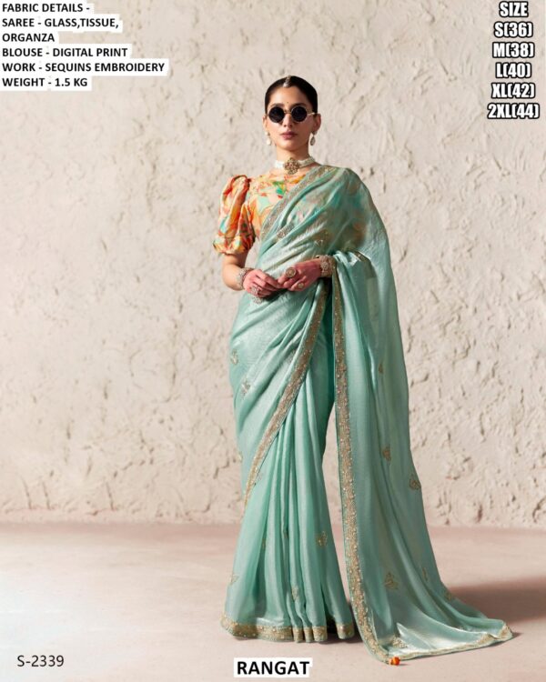 Beautiful Glass Tissue Organza Saree With Sequins Embroidery Work