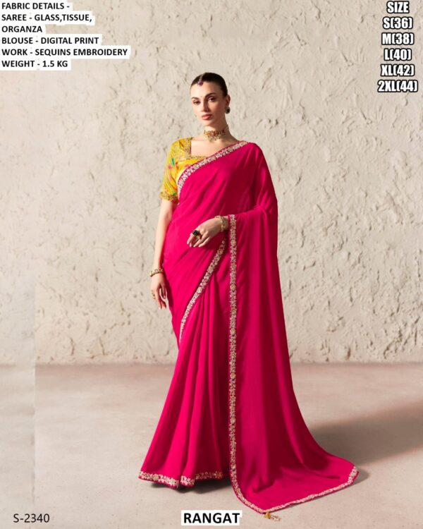 Beautiful Glass Tissue Organza Saree With Sequins Embroidery Work