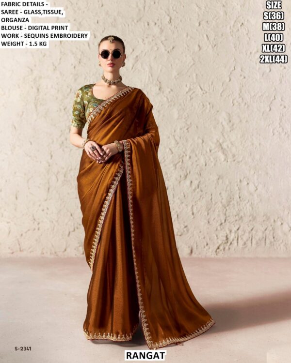 Beautiful Glass Tissue Organza Saree With Sequins Embroidery Work