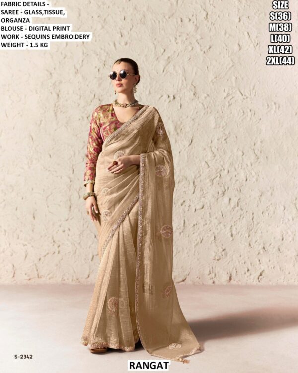 Beautiful Glass Tissue Organza Saree With Sequins Embroidery Work