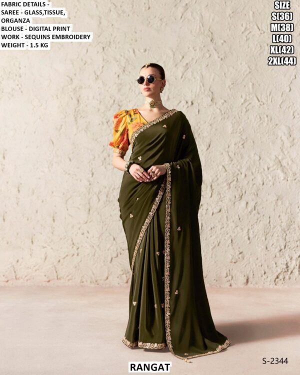 Beautiful Glass Tissue Organza Saree With Sequins Embroidery Work