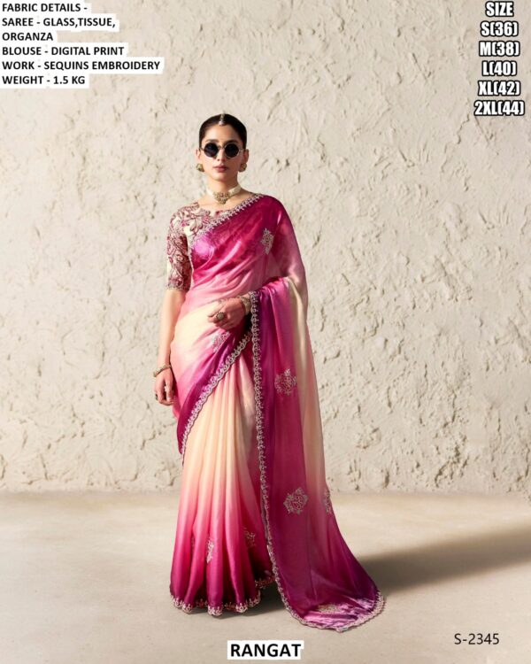Beautiful Glass Tissue Organza Saree With Sequins Embroidery Work