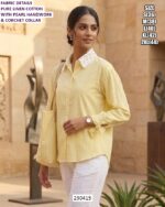 Elegent Pure Linen Cotton Shirt With Pearl Handwork And Crochet Collar