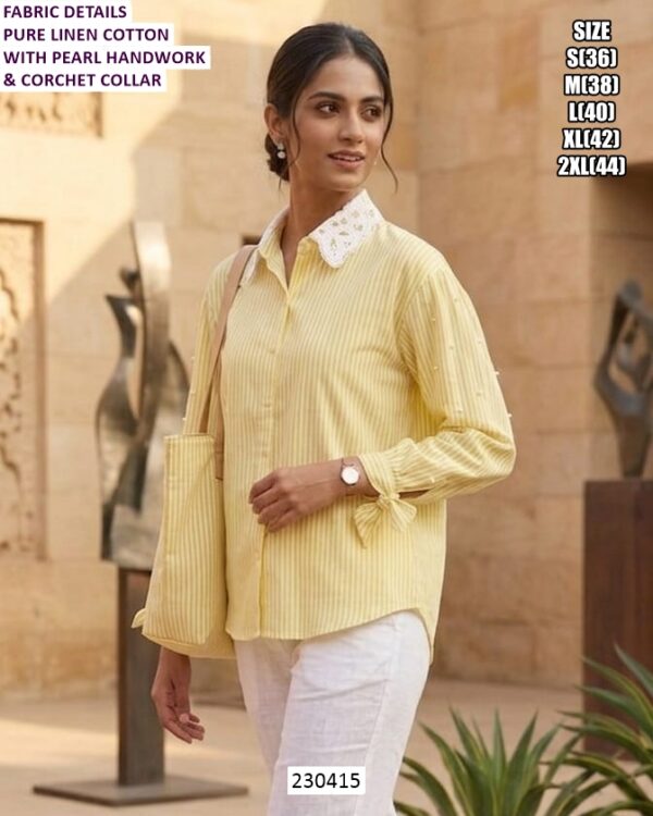 Elegent Pure Linen Cotton Shirt With Pearl Handwork And Crochet Collar