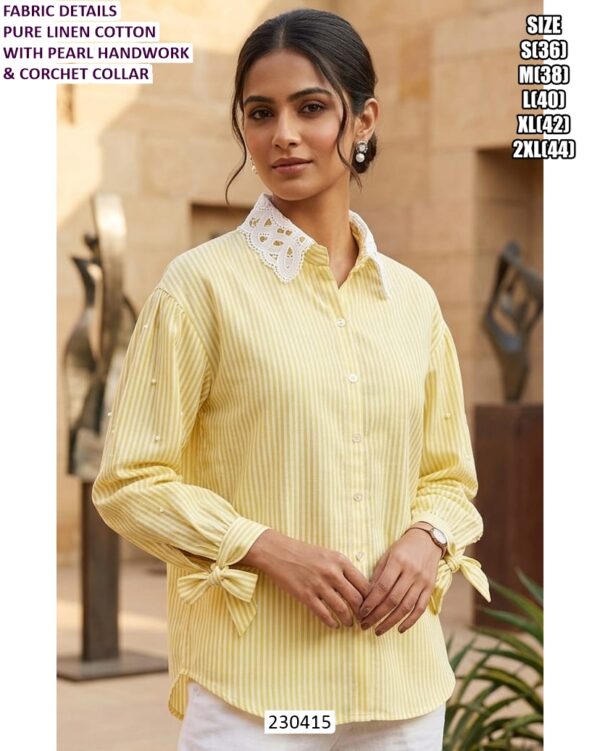 Elegent Pure Linen Cotton Shirt With Pearl Handwork And Crochet Collar