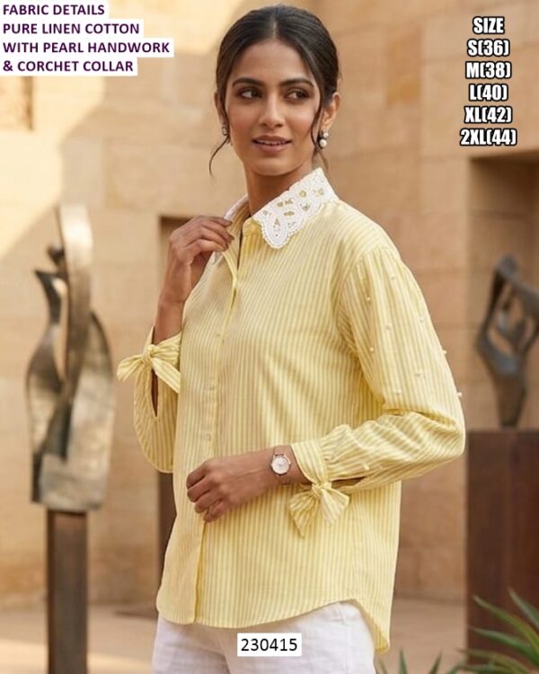 Elegent Pure Linen Cotton Shirt With Pearl Handwork And Crochet Collar