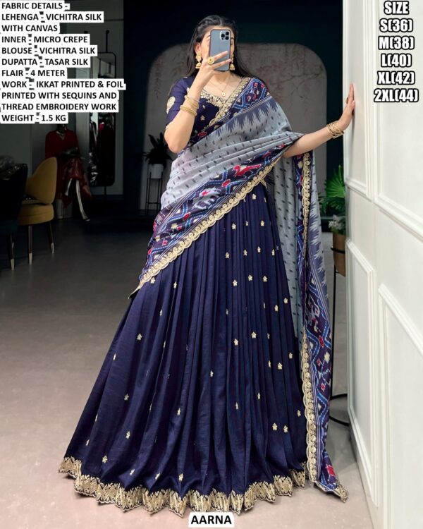 Designer Vichitra Silk Lehenga Set With Ikkat And Foil Printed Work