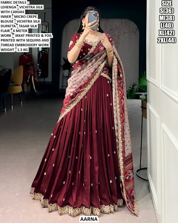 Designer Vichitra Silk Lehenga Set With Ikkat And Foil Printed Work
