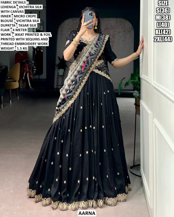 Designer Vichitra Silk Lehenga Set With Ikkat And Foil Printed Work