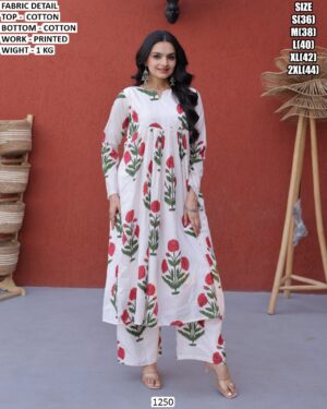 Designer Cotton Kurti Pant Set With Printed Work