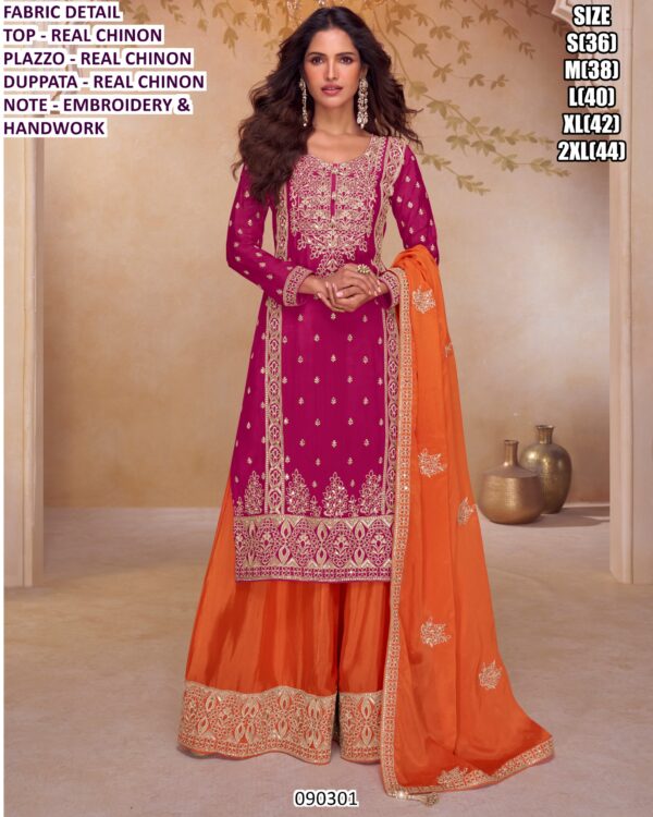 Premium Real Chinon Suit Set With Embroidery And Handwork