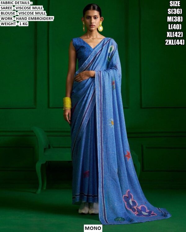 Premium Viscose Mull Saree With Hand Embroidery Work