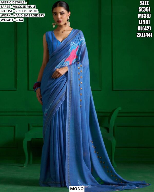 Premium Viscose Mull Saree With Hand Embroidery Work